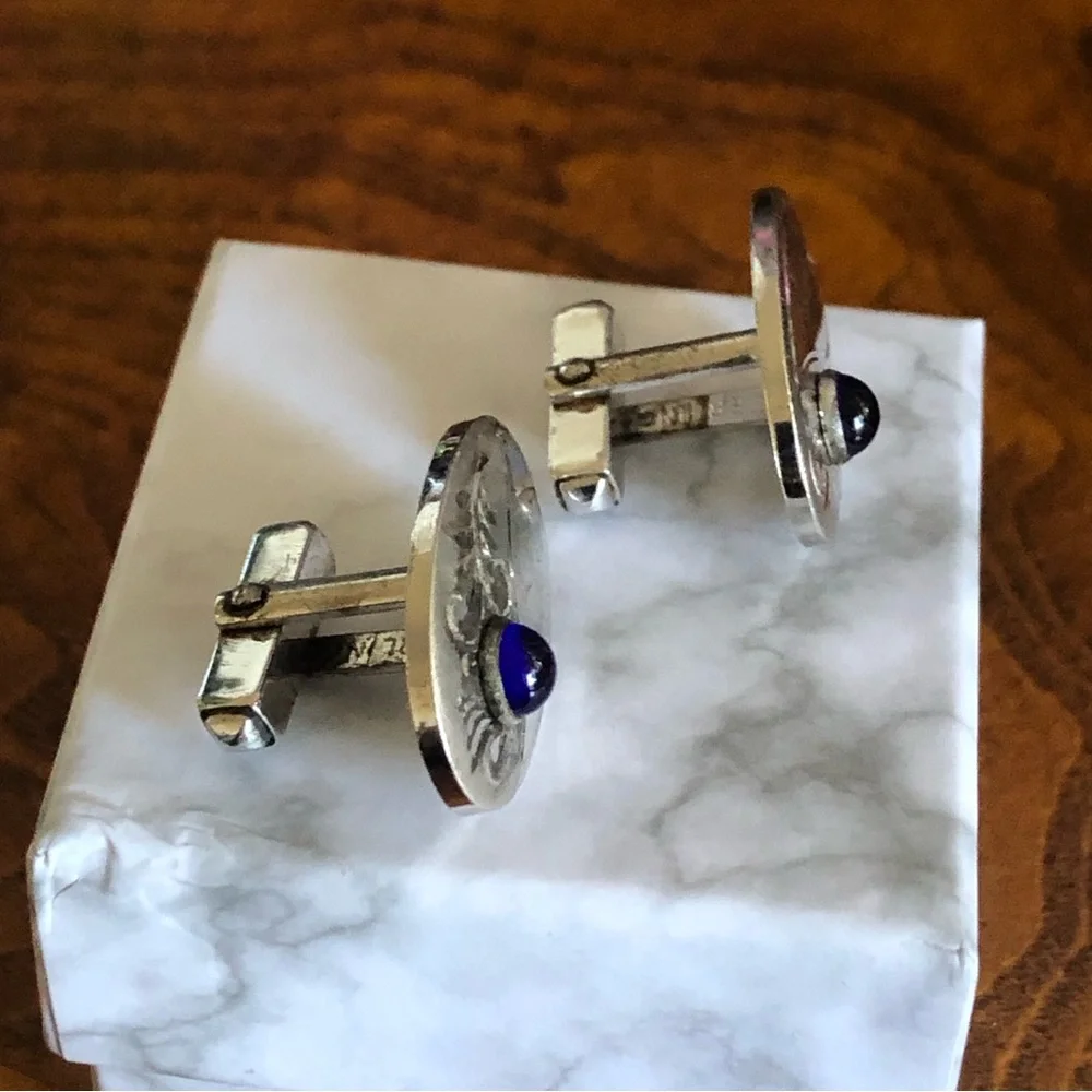 Vintage Anson royal blue cabochon glass etched silver cuff links